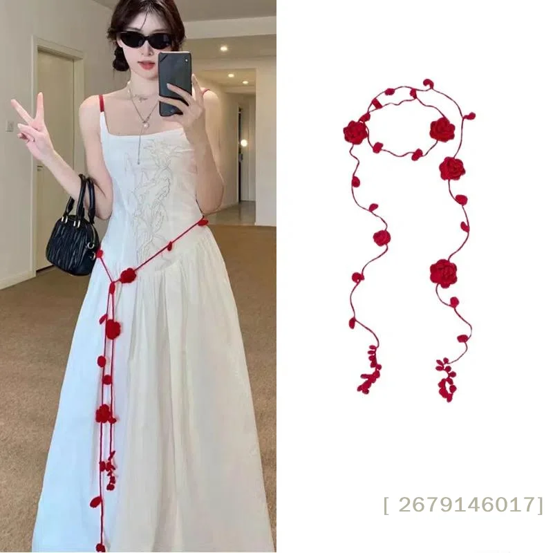 【YY26】Temperament Rose Waist Chain Women's Elegant Versatile Crochet Flower Long Necklace Decorative Skirt Belt Accessories