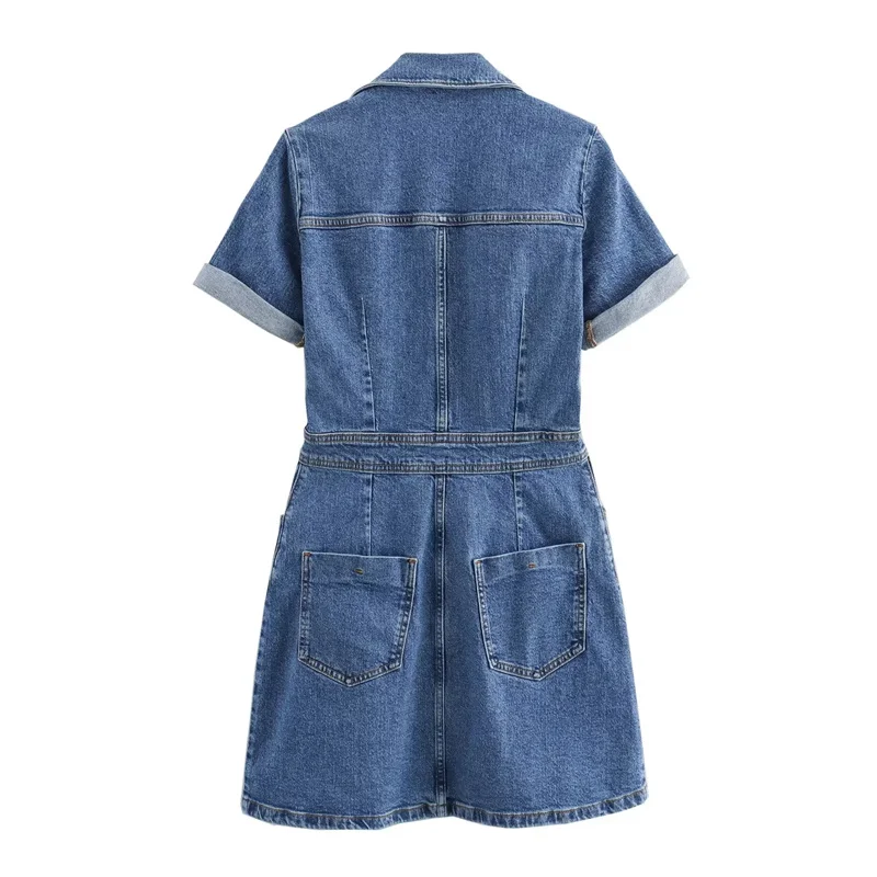 TRAF Blue Denim Dress Woman Faded Jean Mini Shirt Dress Women Short Sleeve Summer Dresses 2024 Young Girls Casual Short Dresses