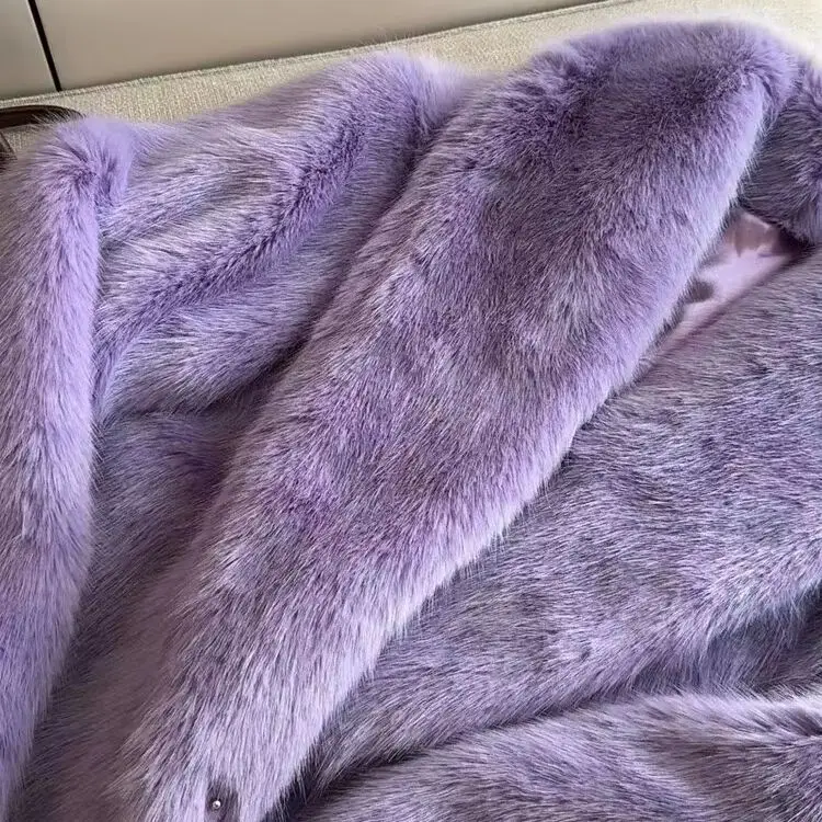 Winter Women Shawl Lapel Collar Purple Hairy Faux Fur Coat Long Sleeve Warm Shaggy Jacket Loose Coat No Button Outerwear