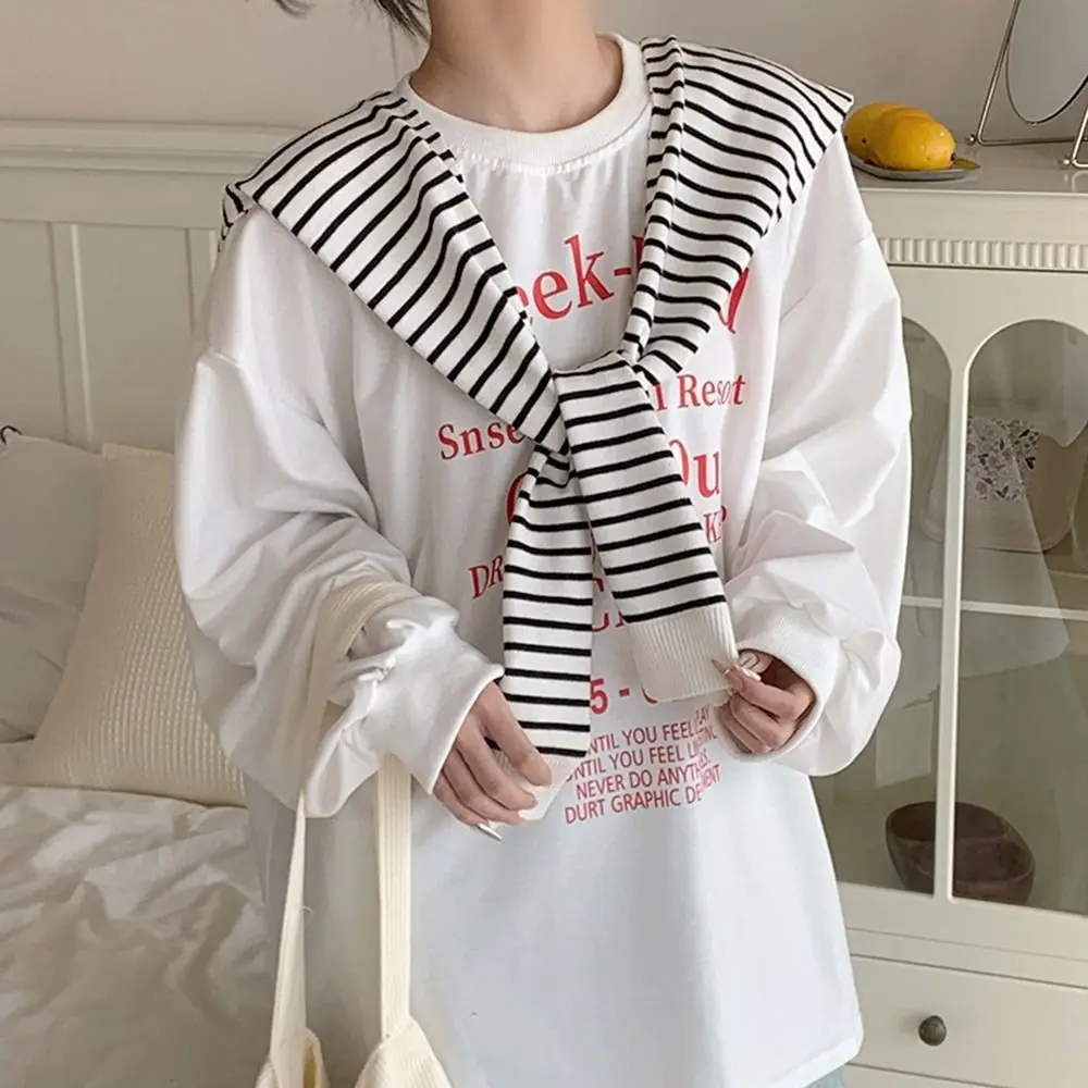

Elegant Blouse Shoulders Fake Collar Stripe Knitted Shawl Cape Cloak Knit Scarf Korean Style Wraps Wool Scarves Female