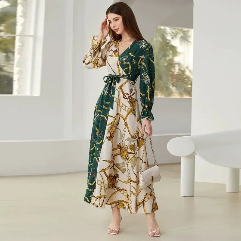 Women Eid Muslim Dresses abaya Long Sleeve V Neck Party Dress elegant Print Vestidos High Street Belt Abayas Dubai maxi robe