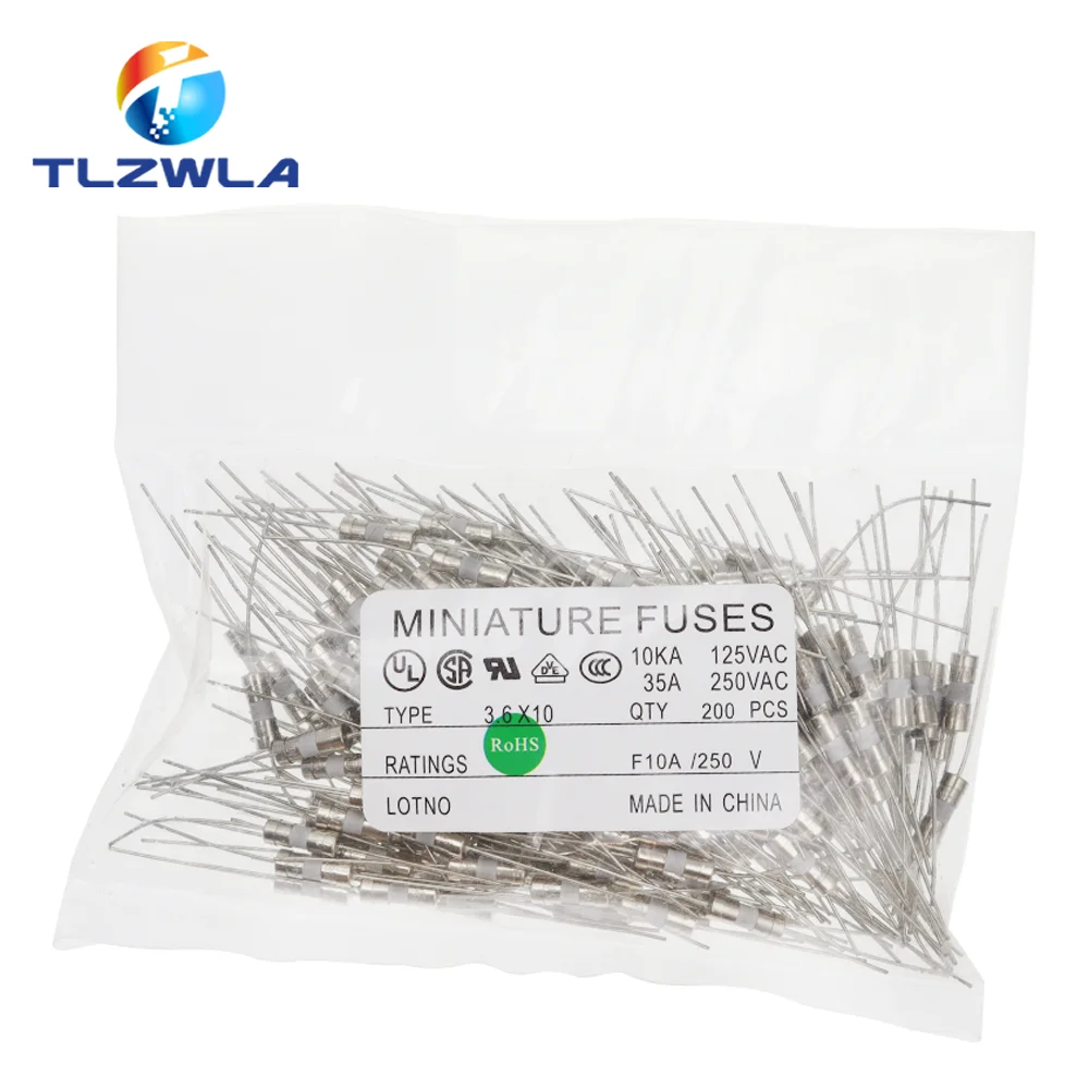 10PCS Quick Break 3.6X10MM Lead Wire Slow Blow Ceramic Fuse Tube 0.5A 1A 1.5A 2A 3A 3.15A 4A 5A 6.3A 8A 10A 15A 250V 3.6*10