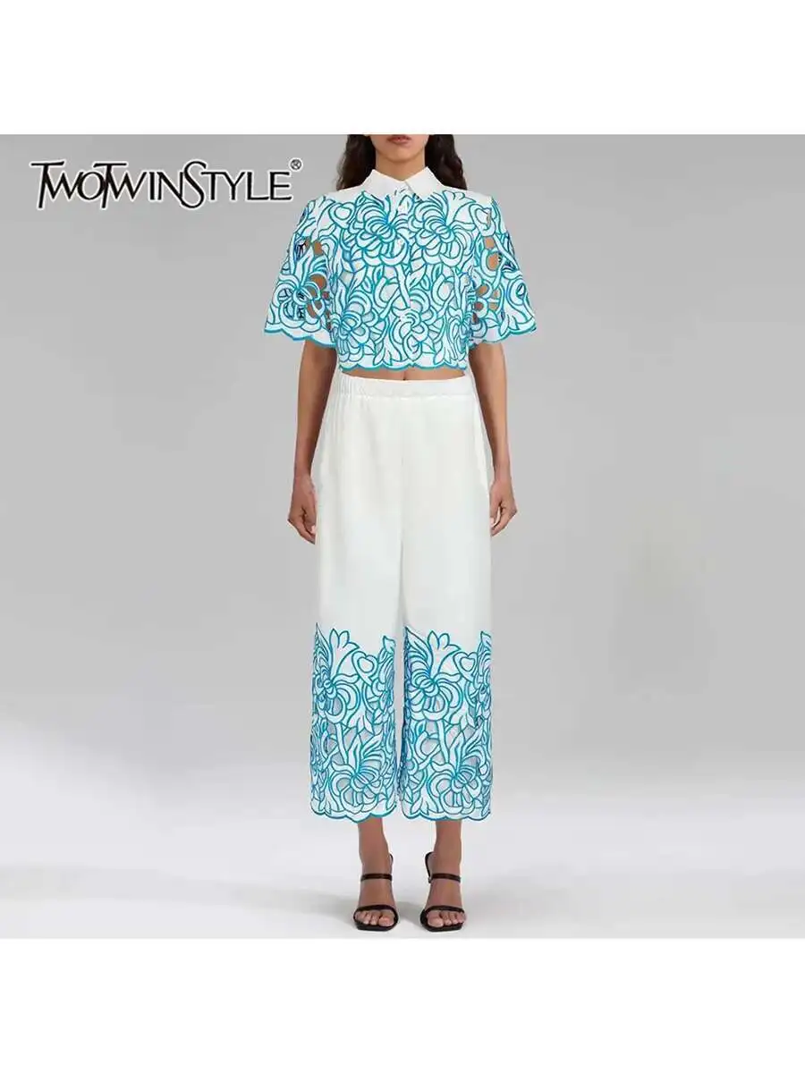 

TWOTWINSTYLE Повседневный комплект из двух предметов для женщин, короткие топы с воротником с лацканами, широкие однотонные брюки, хитовые цветные комплекты, женские новые