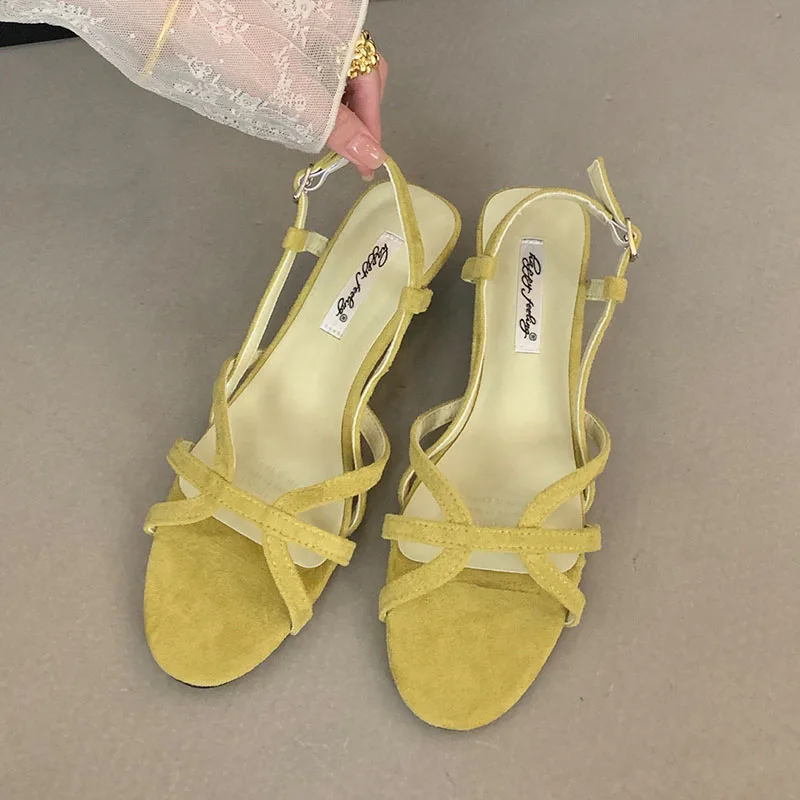 

BOMENDUI Yellow Summer 2026 Brand Design Simple Open-Toe Round-Toe Crossover Belt Wedge Sandals Women's Versatile Roman Sandals