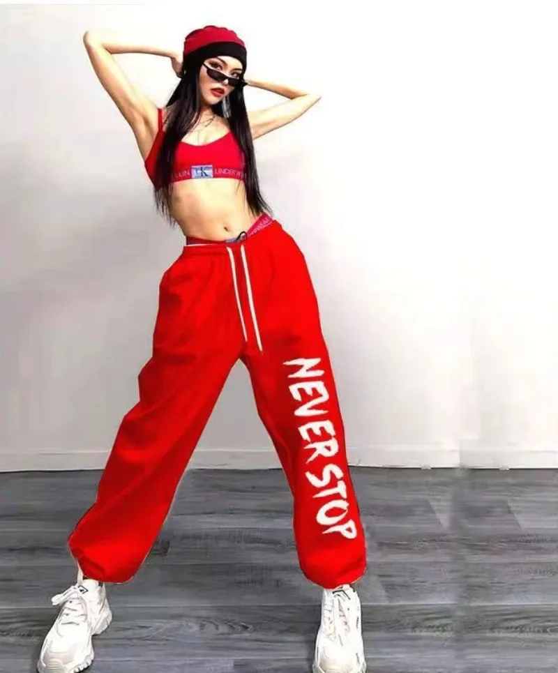 2023 Red Orange Sweat Pants Women Fashion Print Hip-hop Trousers Jazz Sweatpants Korean Casual Loose Shuffle Dance Sporty Pants