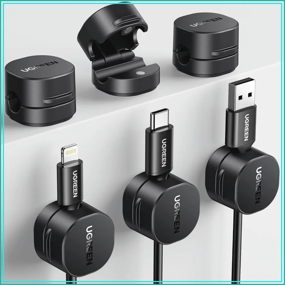 6-Pack Magnetic Cable Organizer Clips, Strong Cord Holder for Desk, Keep Charging Cables & Computer Cords Tangle-Free, Black