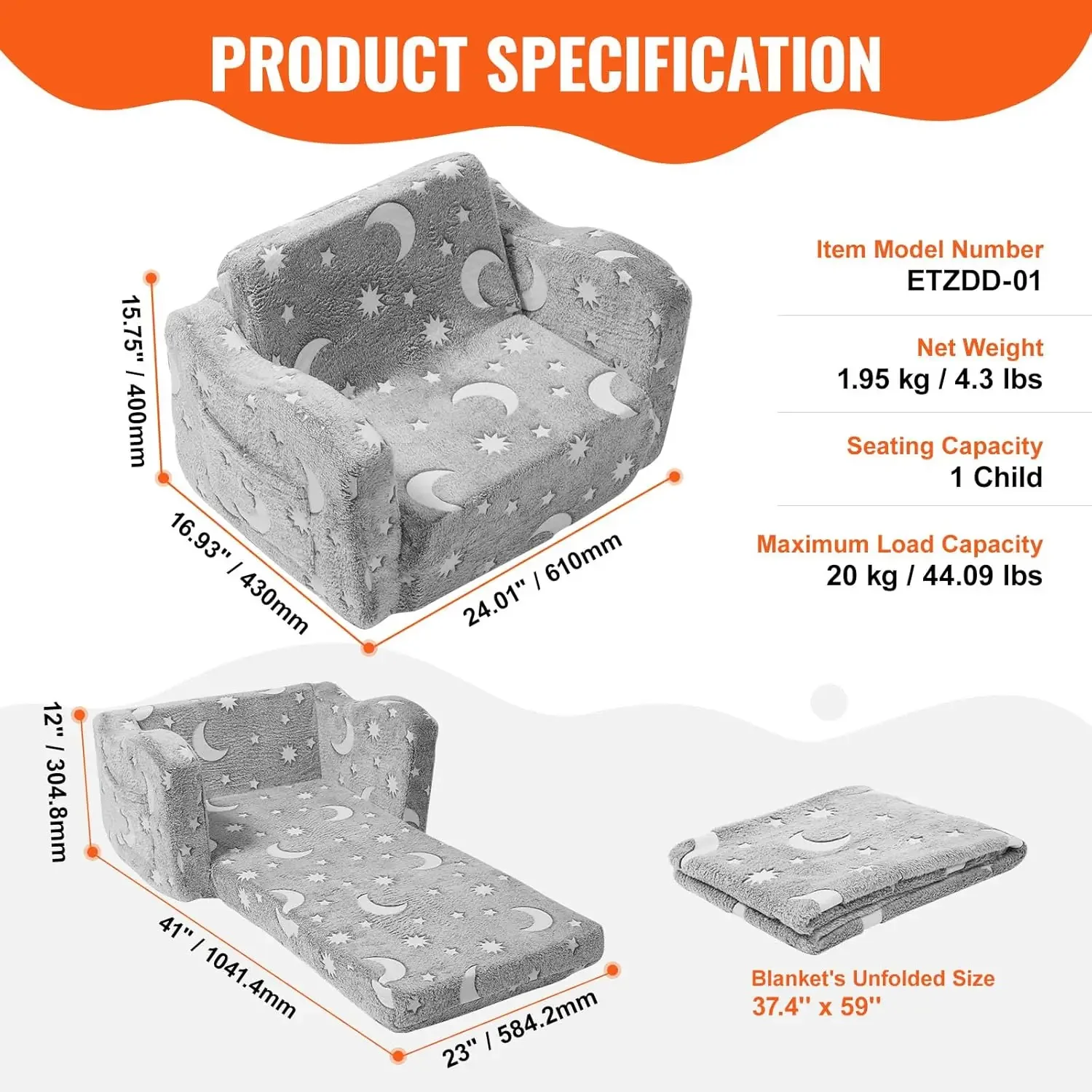 접이식 어린이 소파, 야광 어린이 소파 의자, 2-in-1 어린이 컨버터블 소파에서 라운저까지
