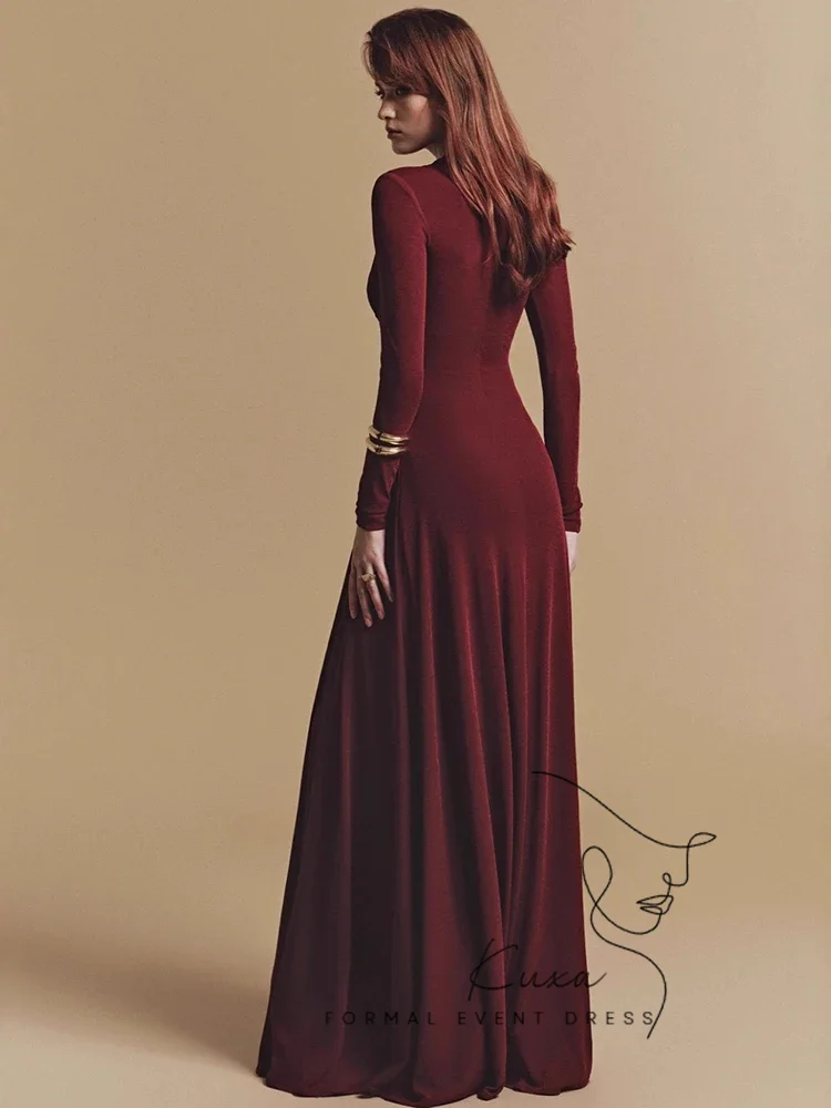 KUXA Customized Elegant Dress Shirring Asymmetrical Patchwork Long Sleeve Women's Evening Party Dresses robes de soirée 2026