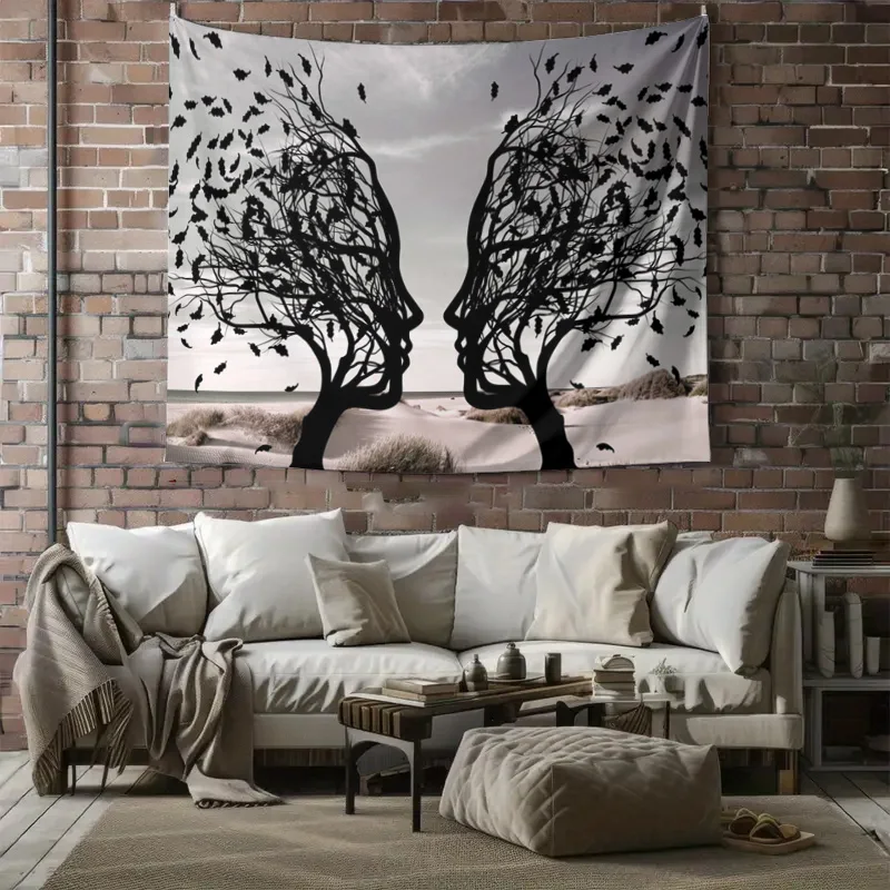 Gothic Profile Head Silhouette Wall Tapestry Nature Tree Branch Bird Art Decorative Hanging Decor for Living Room Boho Aesthetic
