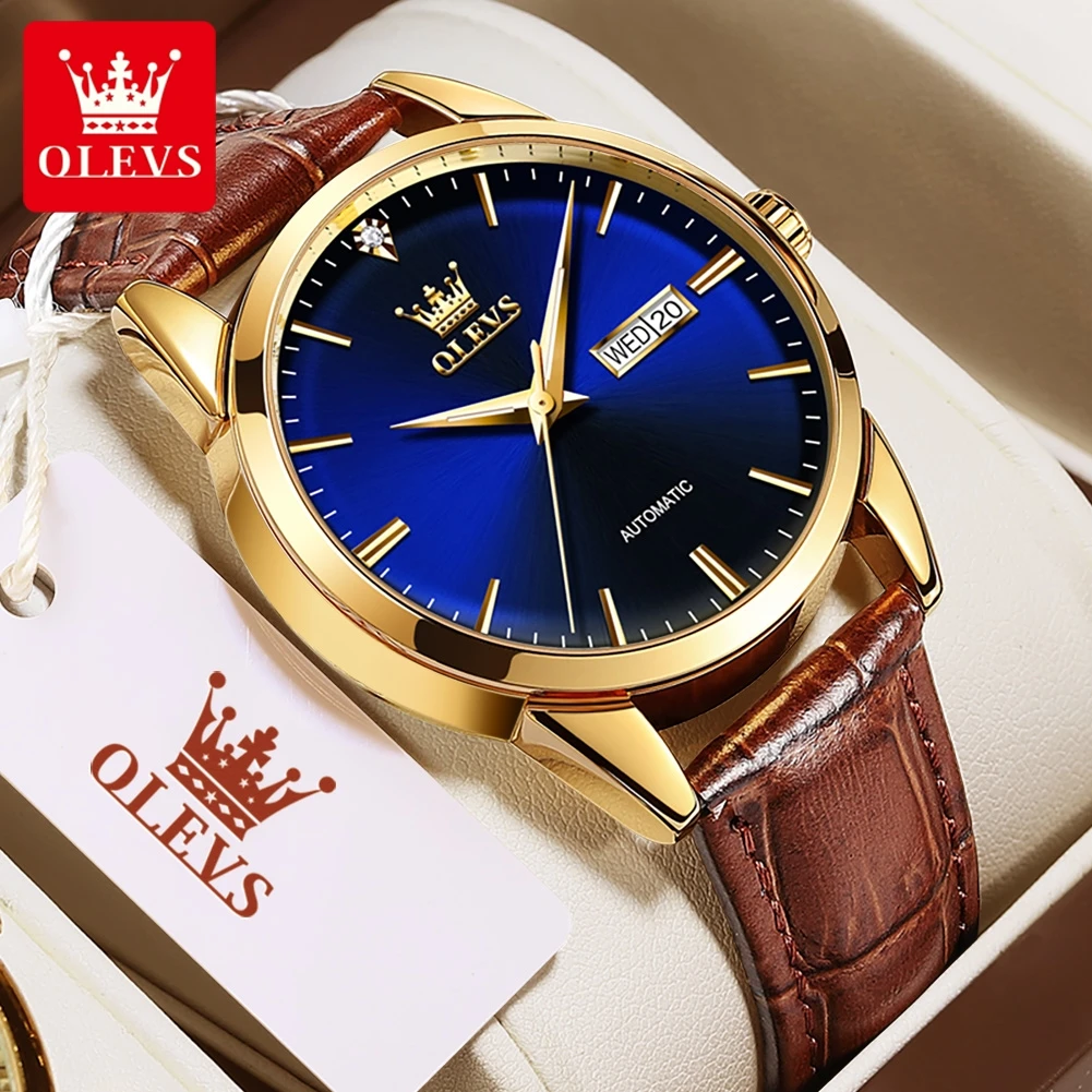 Mans Wrist Watch OLVES 6629 Simple Fashion Automatic Mechanical Watches For man Leather Strap Gold Date Week