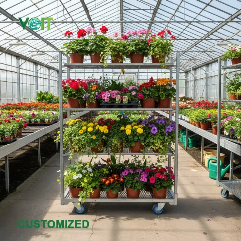 Rolling 4 Wheel Portable Garden Nursery Galvanized Flower Display Grid Cart