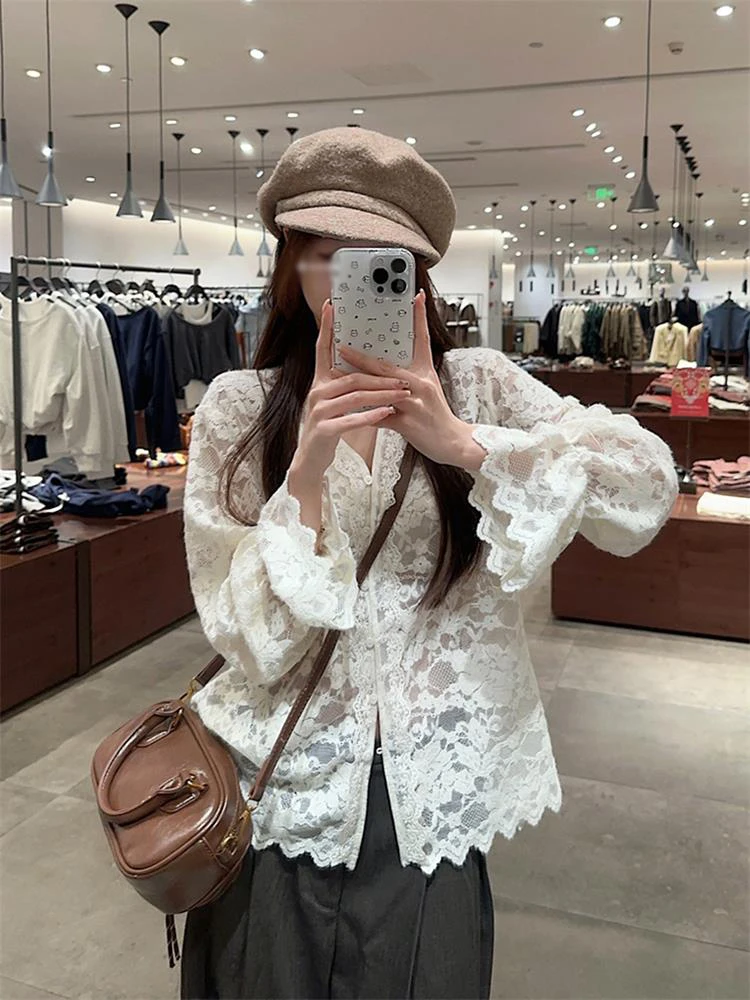 

Ele V-Ne Long Sve ажурный кружевной свитер женский модный открытый кардиган с тяжелой вышивкой в Корейском стиле для поездок на работу и ветер