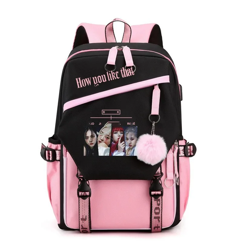 

Black Pink Pattern Large Capacity Backpack Casual School Bag Travel Rucksack with USB Charging Port for Students Daily Use