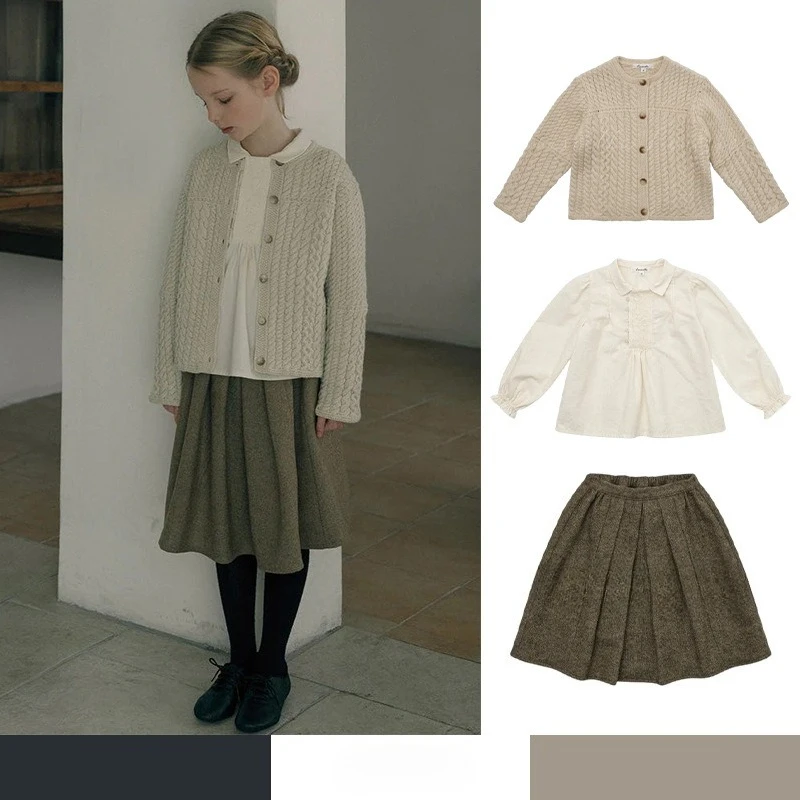 

Детский комплект, осень/зима 2022, новый комплект из трех предметов LOU для девочек, блузка, юбка, кардиган и свитер для выходных, детская верхняя одежда