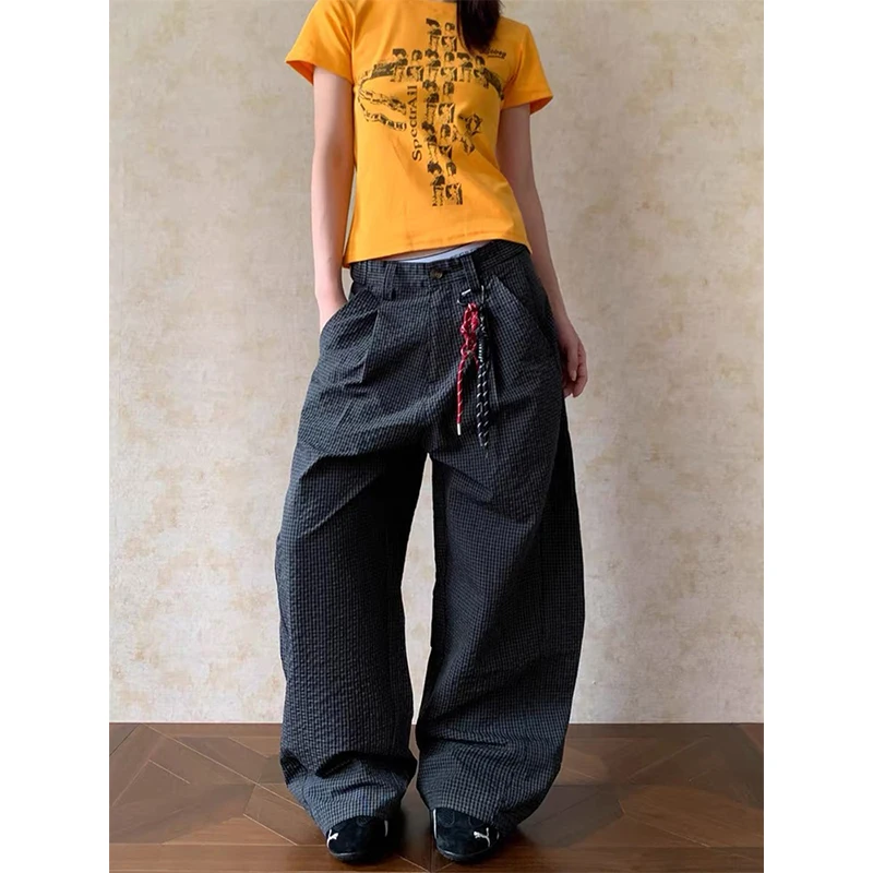 

Женские винтажные черные джинсы в клетку 2000-х годов Y2K, уличная одежда, широкие брюки с высокой талией, длинные свободные мешковатые брюки, нижние брюки
