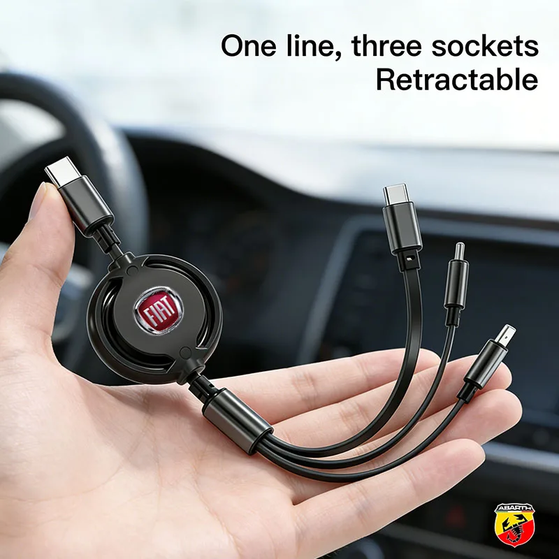 Cable USB retráctil 3 en 1, cargador de carga rápida múltiple, Cable Micro USB tipo C para FIAT Abarth 500 Tipo FR Panda Argo Freemont
