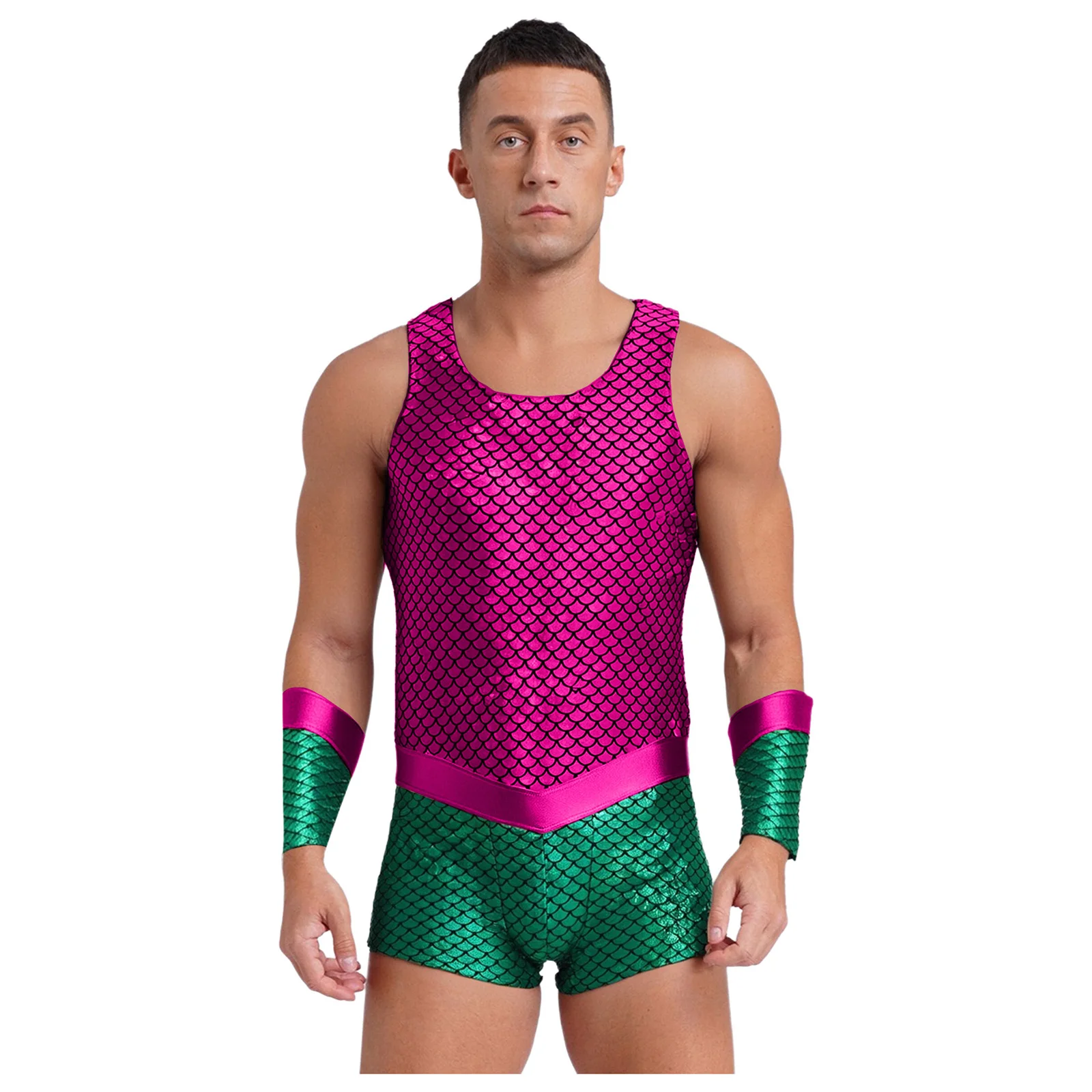 

Men Halloween Sea King Sea God Cosplay Costume Sleeveless Fish Scales Print Bodysuit Poseidon Merman Costume with Arm Sleeves