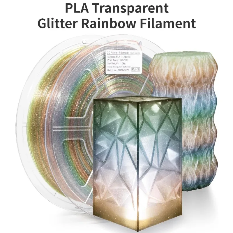 

Glitter Rainbow PLA Filament 1.75mm,Transparent Rainbow Filament with Silver Glitter,Transparent Multicolor Filament,1KG/Spool