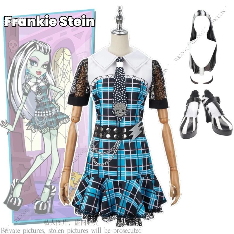 Franky Stein Monster Costume Cosplay Womens Halloween Carnival Roleplay Blue Dress High Wig Shoes nero bianco uniforme scolastica