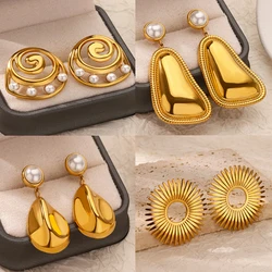 Stainless Steel Earrings for Women Imitation Pearl Gold Color Geometric Stud Earrings 2025 Trend Piercing Wedding Jewelry Gift