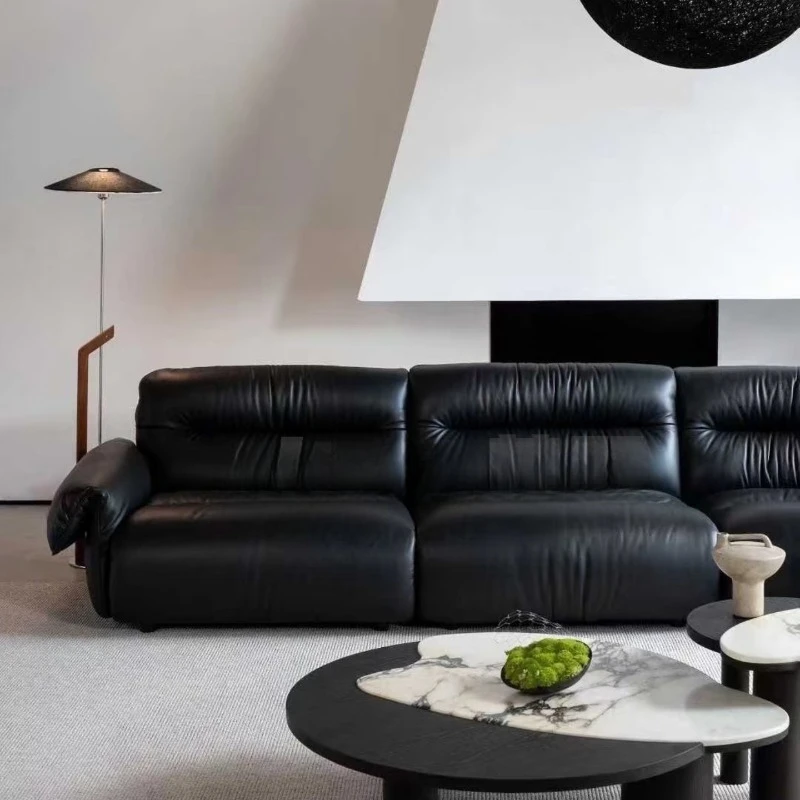 

Retro style design replica curved flat villa black leather modular goddess of light living room sofa