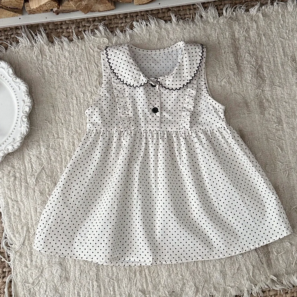 

2026 Summer New Baby Girl Sleeveless Dot Dress Infant College Style Dress For Toddler Girl Cotton Lapel Princess Dress