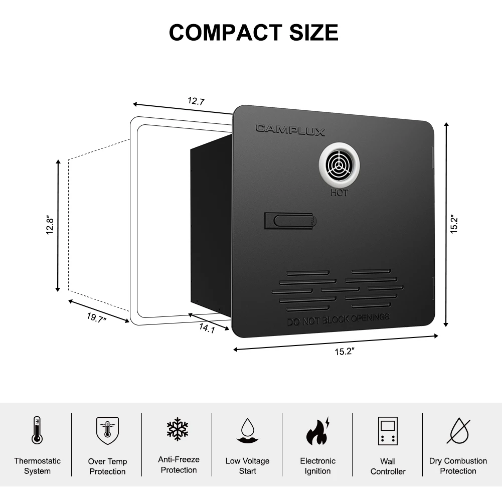 Chauffe-eau CAMPLUX RV 65,000 BTU RS264B Chauffe-eau sans réservoir pour camping-car Max 3,9 GPM en demande avec télécommande et porte RV noire