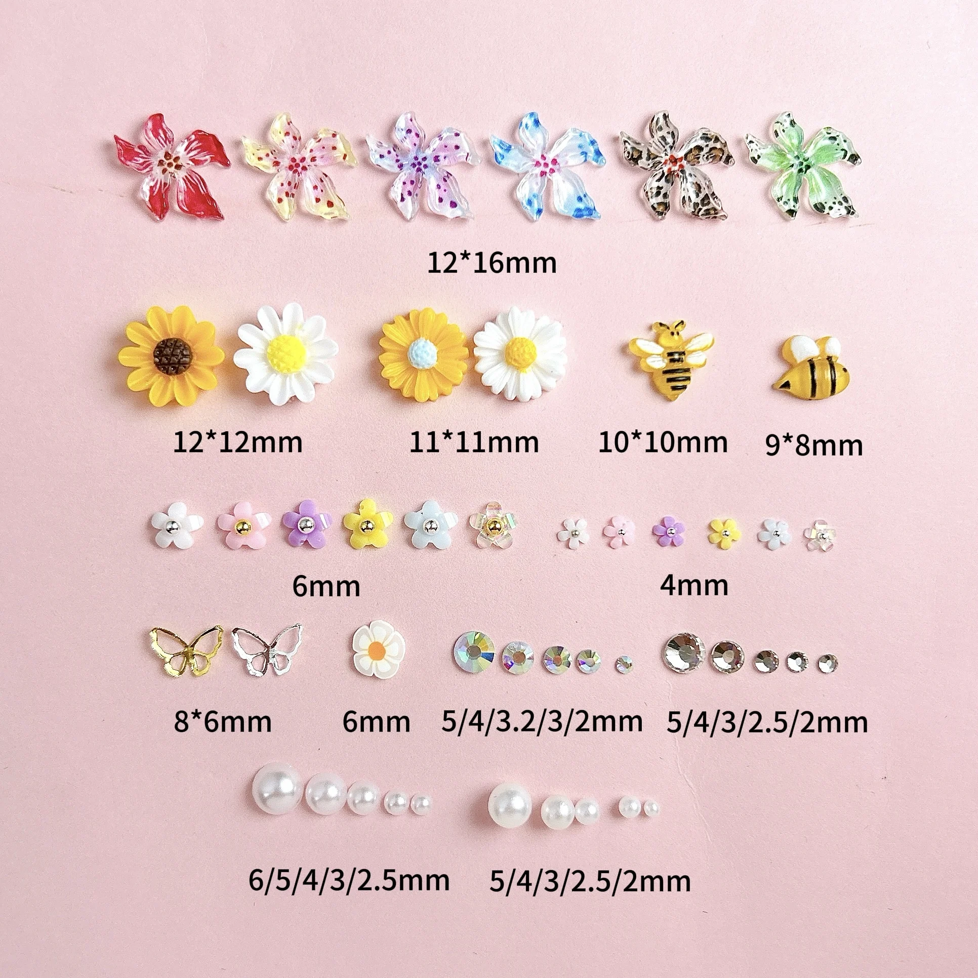 1 caja de dijes de resina para uñas con flores manchadas de colores degradados, Mini mariposa, vitalidad, naranja, girasol, abeja, decoraciones artísticas para uñas DIY