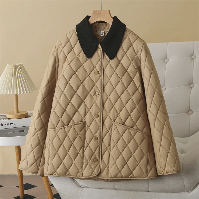 French Quilted Cotton Jacket For Women Autumn/Winter Lapel Thicken Shirt Coat Fashion High Street Color Contrast Warm Jackets