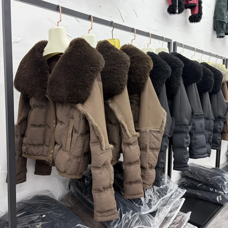 Women Winter Warm Duck Down Real Rabbbit Fur Jackets Natural Lamb Sheep Fur Collar Thick Coat Outwear Female Jackets Hot Sale