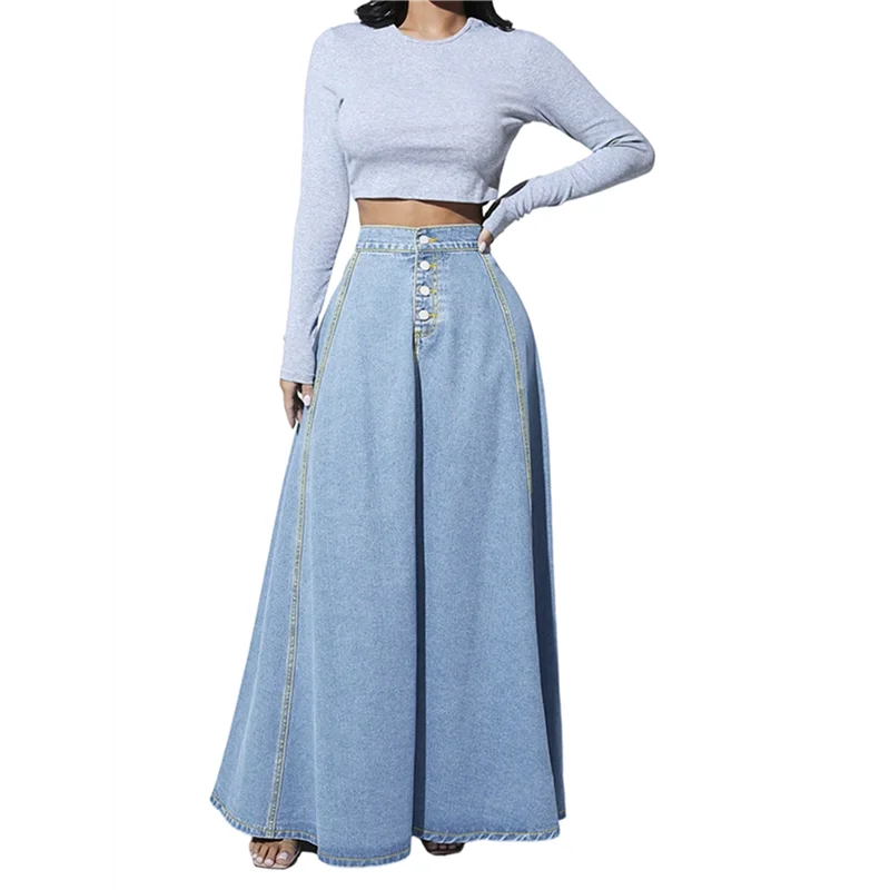 

【OFF-SHELF】Women's Retro High Waisted Button Fly Flared Long Pleated Flowy Swing A-Line Denim Maxi Skirts