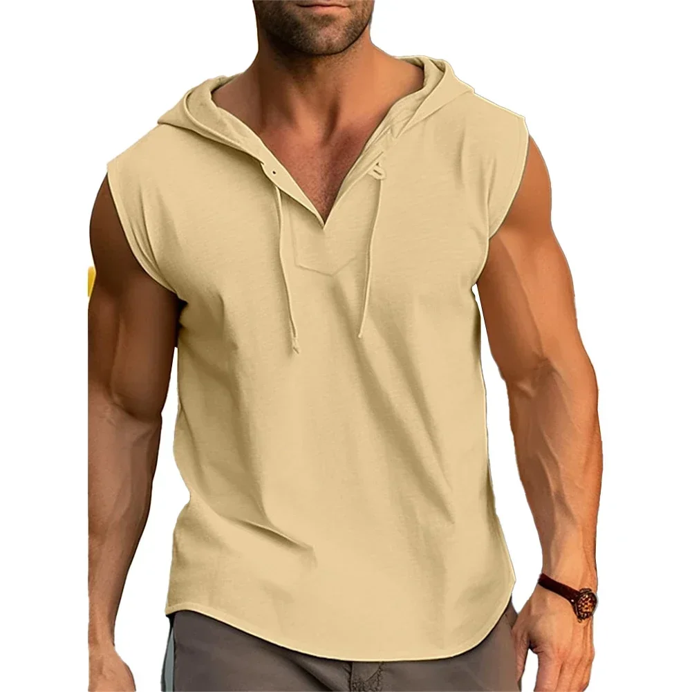 Beach Daily Tank Tops Male Summer Sleeveless Solid Color Streetwear V-neck Wear-resistant Breathable Drawstring