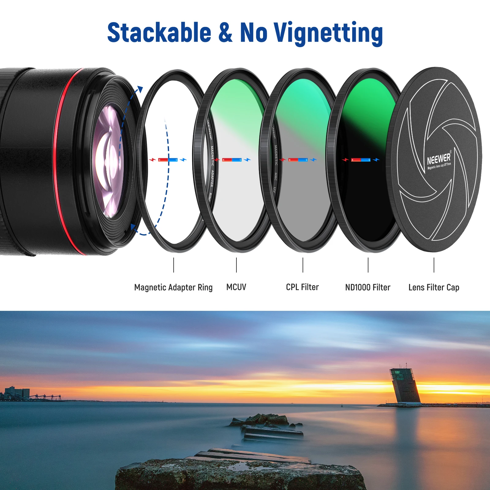 NEEWER 5-in-1 Magnetic Lens Filter Kit, Includes Neutral Density ND1000+MCUV+CPL+Adapter Ring+Filter Cap with 42-Layer Coating