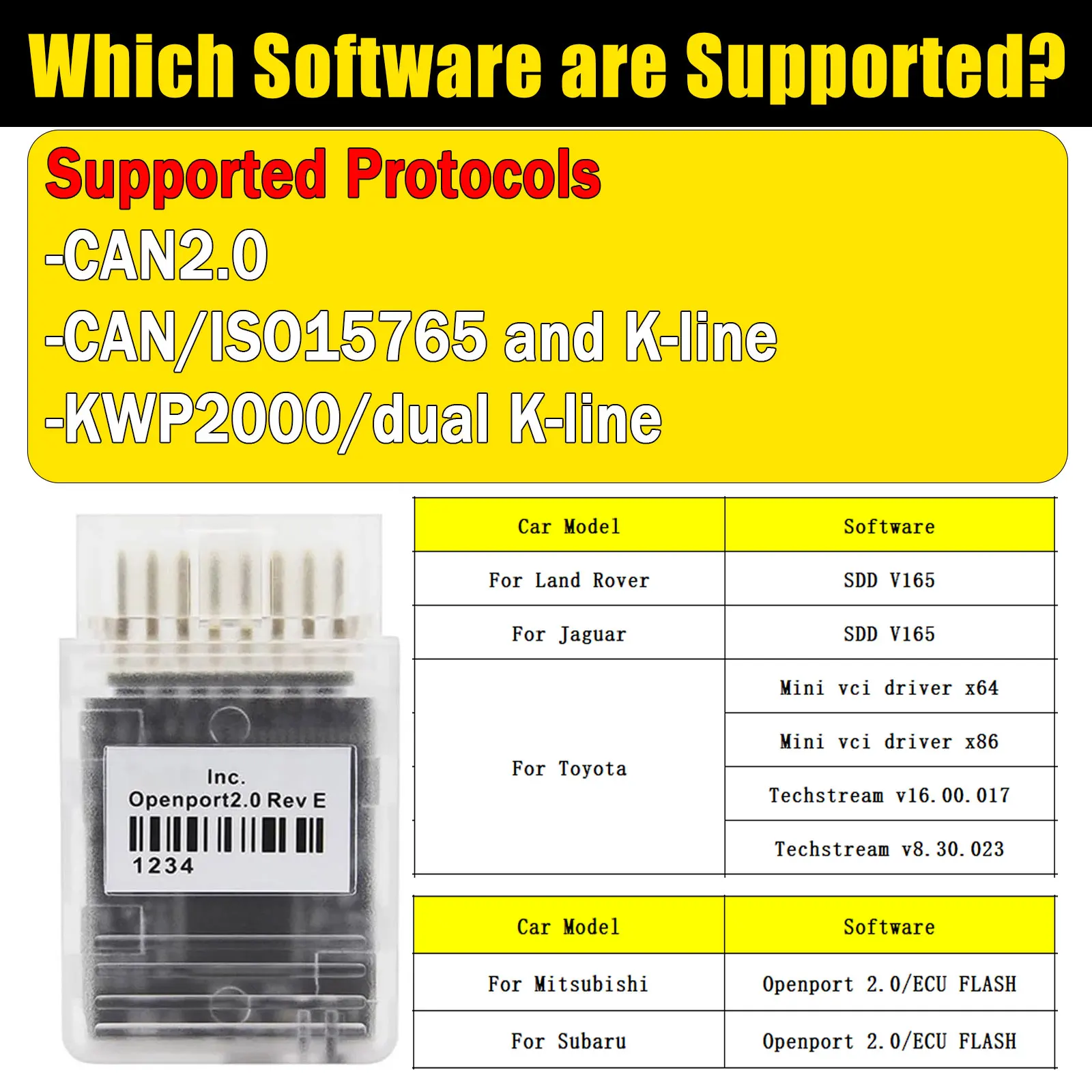 OBD2 Diagnostic Tools K-CAN For Land Rover/Jaguar/Toyota/Mitsubishi/Subaru J2534 OBD2 ECU Flash Scanner For Tactrix Openport 2.0