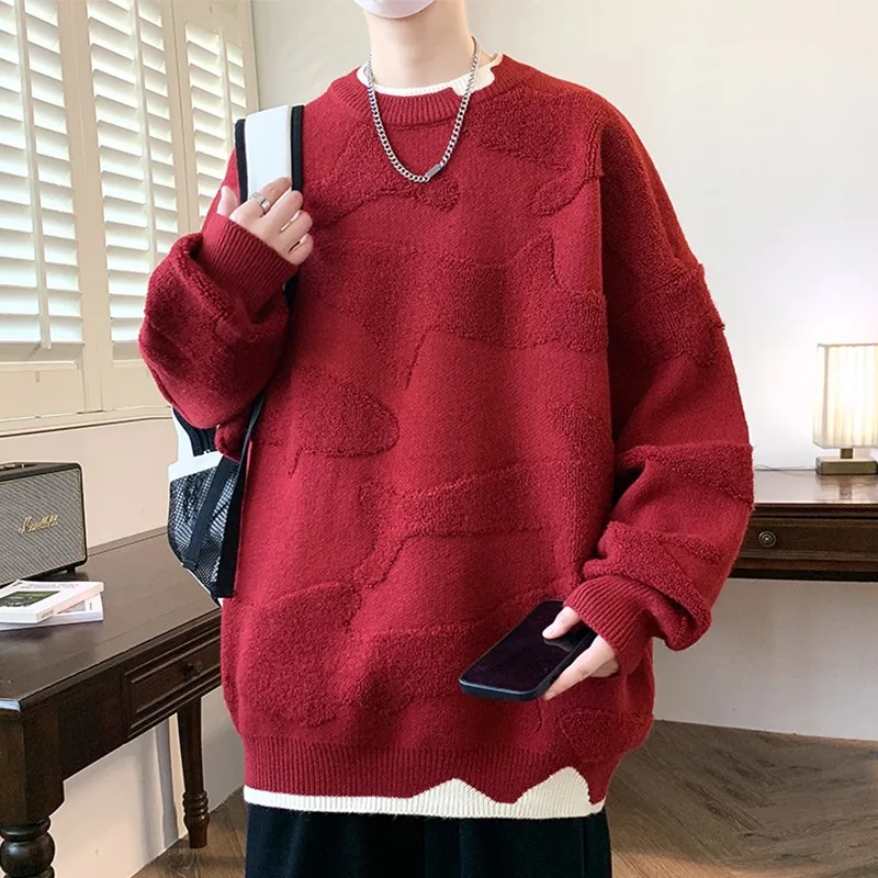 

Красный вязаный свитер мужской, нижняя одежда, осень-зима, большой размер 250, модная фактурная вышивка, удлиненный рукав...