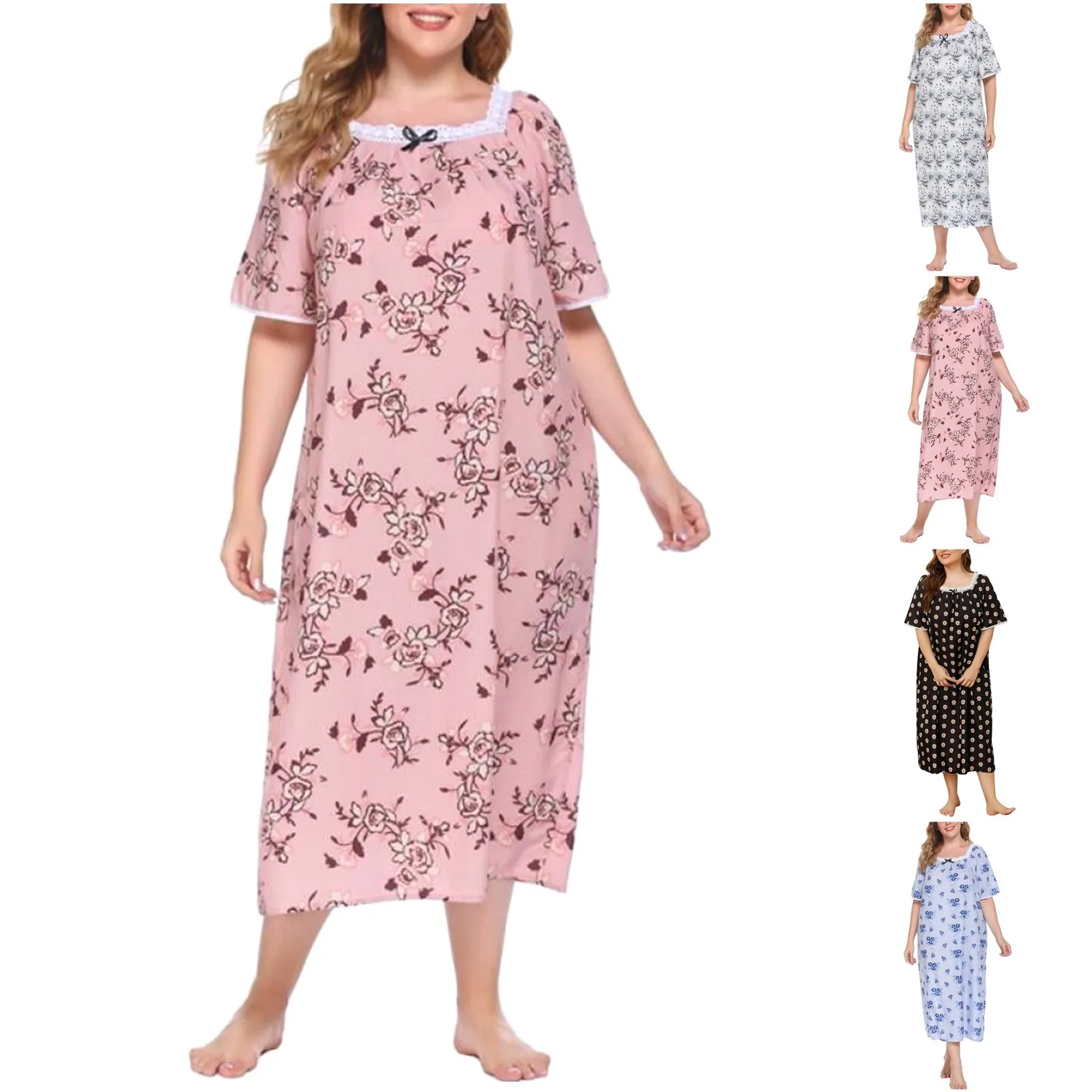 Pigiama lungo da notte da donna Plus Size manica corta in pizzo Patchwork con scollo a U abito da notte con stampa dolce abbigliamento da casa femminile