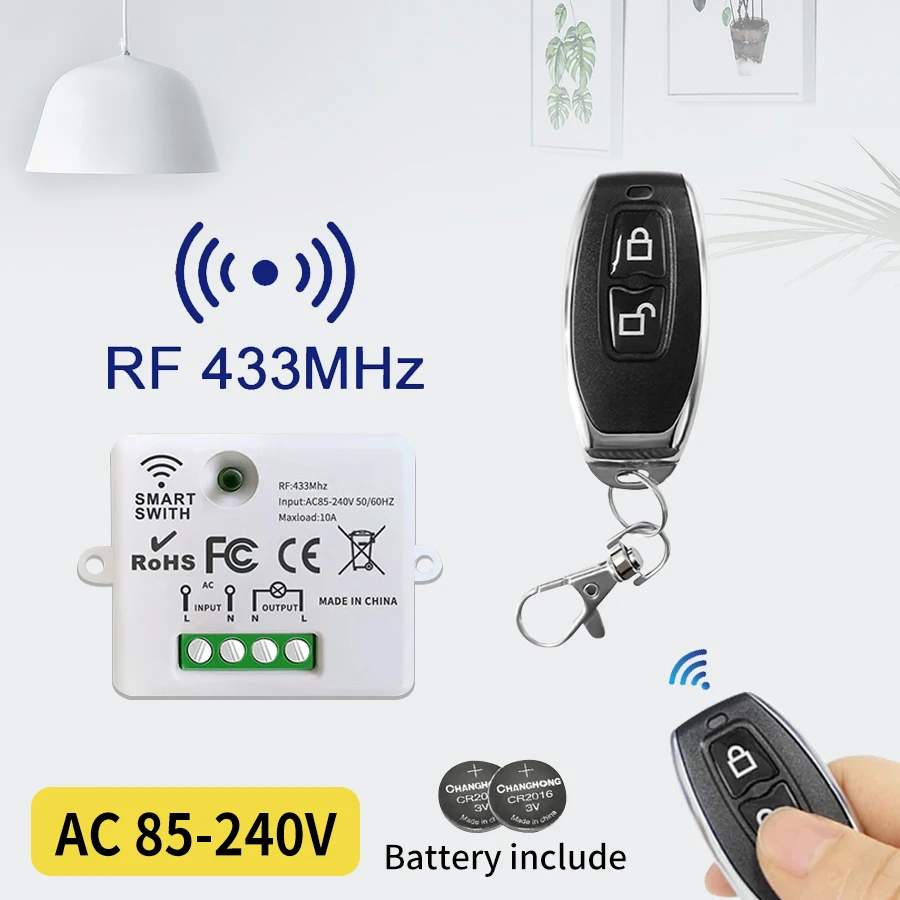 Wireless RF433MHz Remote Control Light Switch On Off Transmitter 10A Relay Receiver Module Switch For LED Light Lamp AC110V 220V