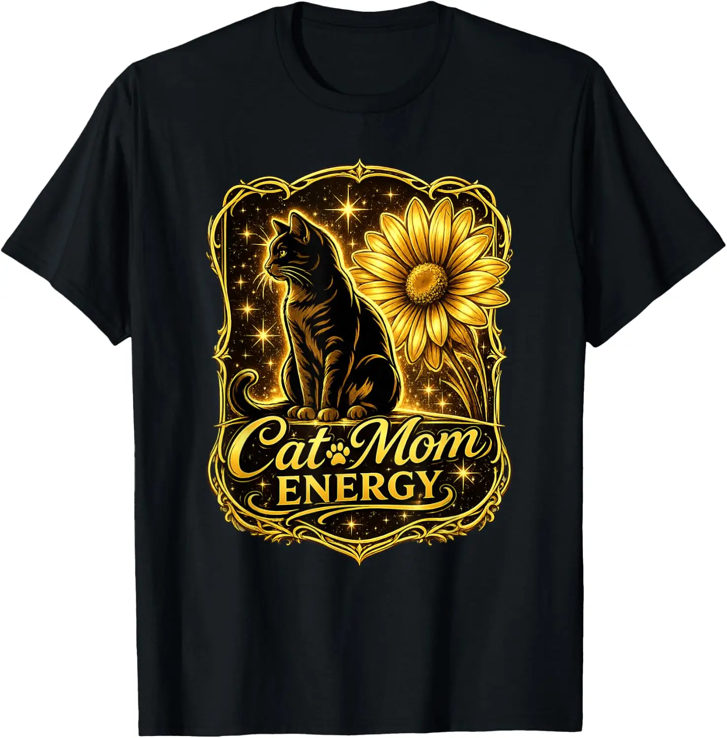Cat Mom Energy Black Cate Sunflower Graphic Tee – Soft, & 100% Cotton Trendy Y2K Short-Sleeve Tee-Soft, Quick-Drying,