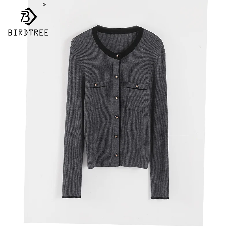 Birdtree, 100%Pure Wool, Women's Elegant Cardigan, Long Sleeve, Fashion OL Soft Sweater Coat, Autumn Winter Slim Top C49531QM