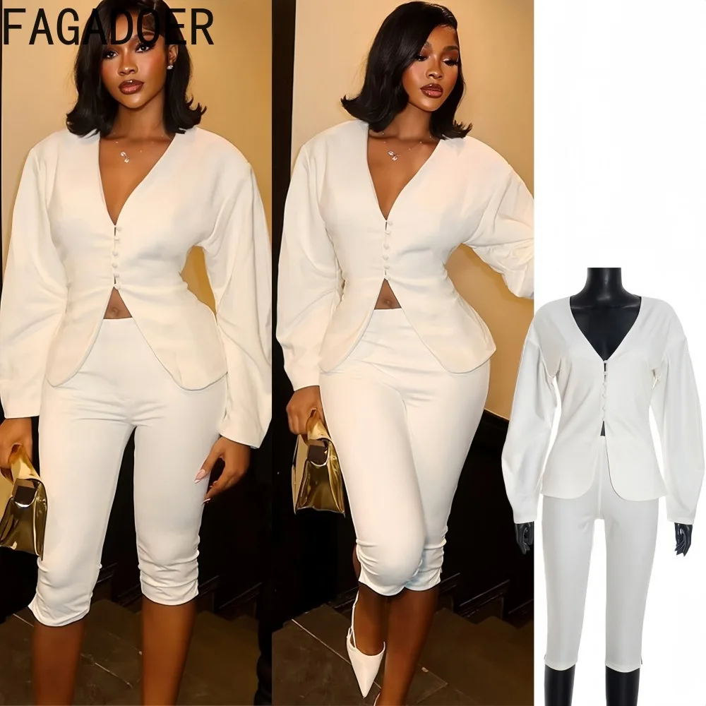 

FAGADOER Elegant 2 Pieces Set for Woman Outfits Solid Color Deep V-neck Long Sleeves Crop Top and Pants Female Streetwear New