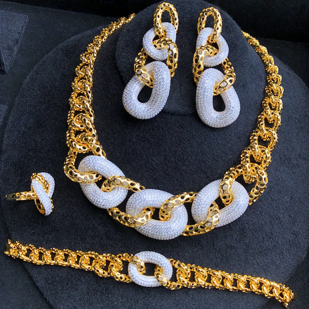 Missvikki Hiphop Cuban Big Links Full Micro CZ Luxury African Jewelry Set For Women Wedding Party Zircon Crystal Indian Neckalce