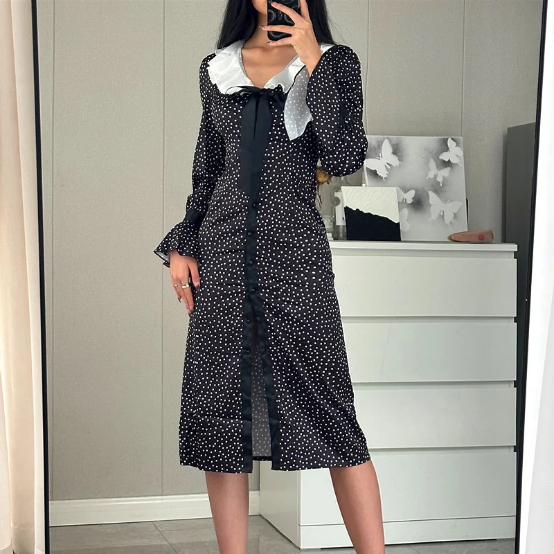 

Women's ClothinginsAutumn and Winter French Lotus Leaf Collar Sweet Polka-Dot Slim-Fit Slit Temperament Long Sleeve Dress Women