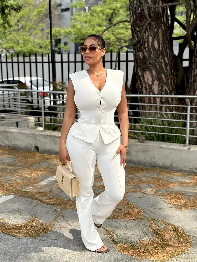 

Женский комплект брюк из двух предметов, летняя повседневная одежда, тонкий жилет без рукавов, сексуальный элегантный белый комплект, оптовая продажа, дропшиппинг