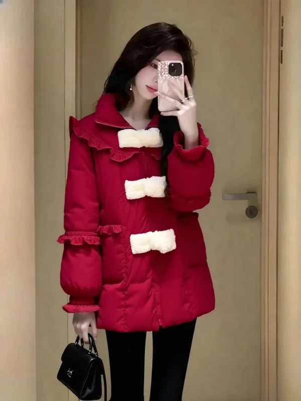 

Sli Thi Winter Coat Red Cotton Outerwear Cisas New Year High-End Faion Ele Color Blo Long Sve Zipper Jaet