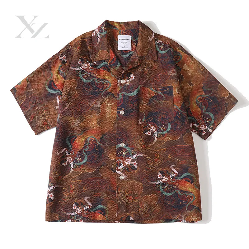Opening Sale |Unisex Retro Ancient Chinese Figure Print Hawaiian Shirt Breathable Bubble Texture Camp Collar Short Sleeve Casual