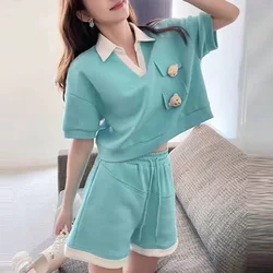 2023 Women's Clothing Solid Patchwork Turn-down Collar Fashion Casual Loose Young Style Streetwear Spring Summer Thin Short Sets
