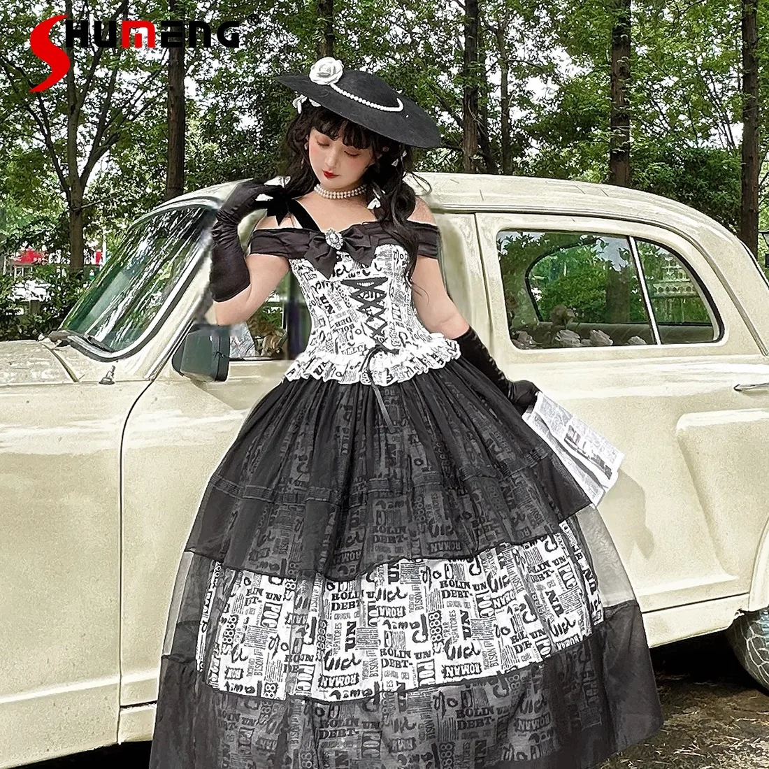 

Элегантный французский комплект с юбкой в стиле ретро в стиле суда, топ без бретелек на шнуровке, высокая талия, трапециевидной формы, длинная юбка с принтом масляной живописи для женщин