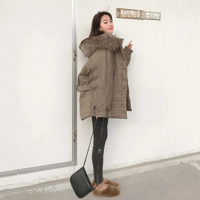 Large Collar Plaid Cotton Jacket For Women's Mid Length 2023 Winter New Fitting Cotton Jacket With Thickened Cotton Jacket Coat