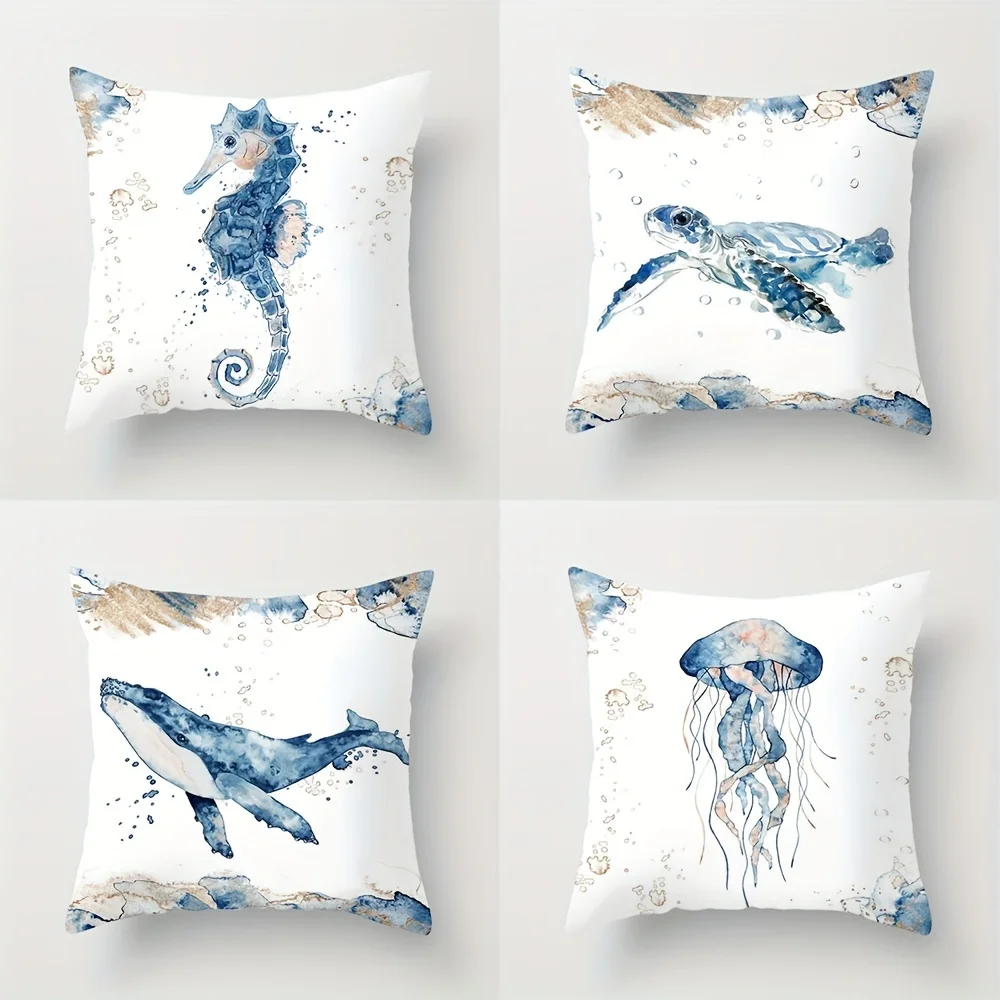 4pcs Marine Animal Seahorse Whale Turtle Jellyfish Square Polyester Cushion Cover Hug Pillow Cover Bedroom Accessories Sofa Cush