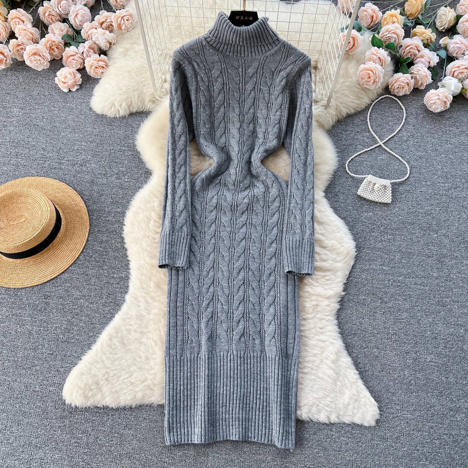 Turtleneck Sweater Dress Winter New item Niche Long Sleeve Dress Medium Llength Slim Fit Bottom Dress Knitted Sweater Dress